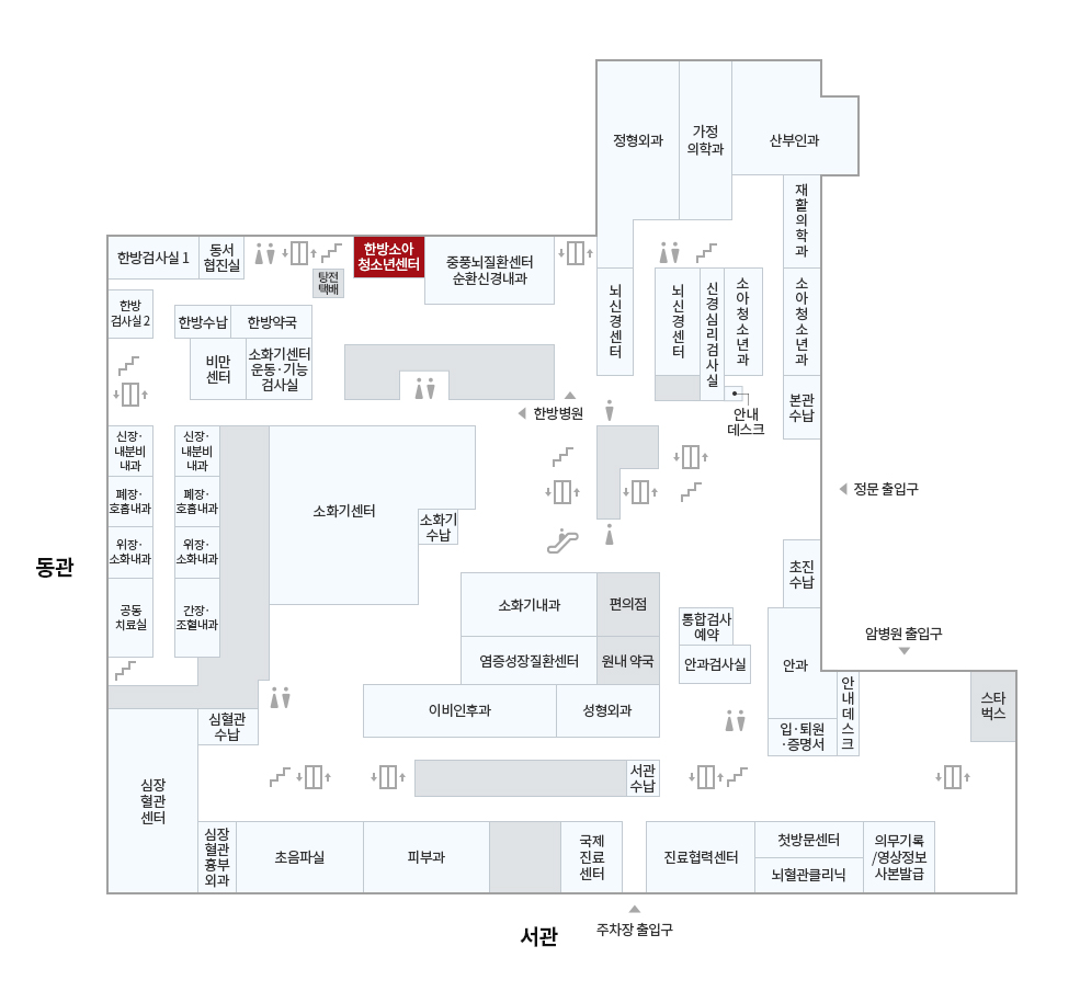 정문 출입구를 기준으로 로비에서 오른쪽 길로 앞으로가 뇌신경센터에서 오른쪽으로 꺾어 직진으로 가다가 엘리베이터에서 왼쪽으로 꺾으면 오른쪽 면에 한방소아청소년센터가 나옵니다.